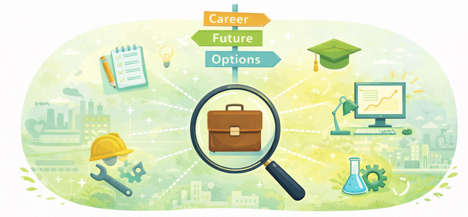 Career exploration illustration showing icons of different career paths, tools, and education options centered around a magnifying glass and briefcase.
