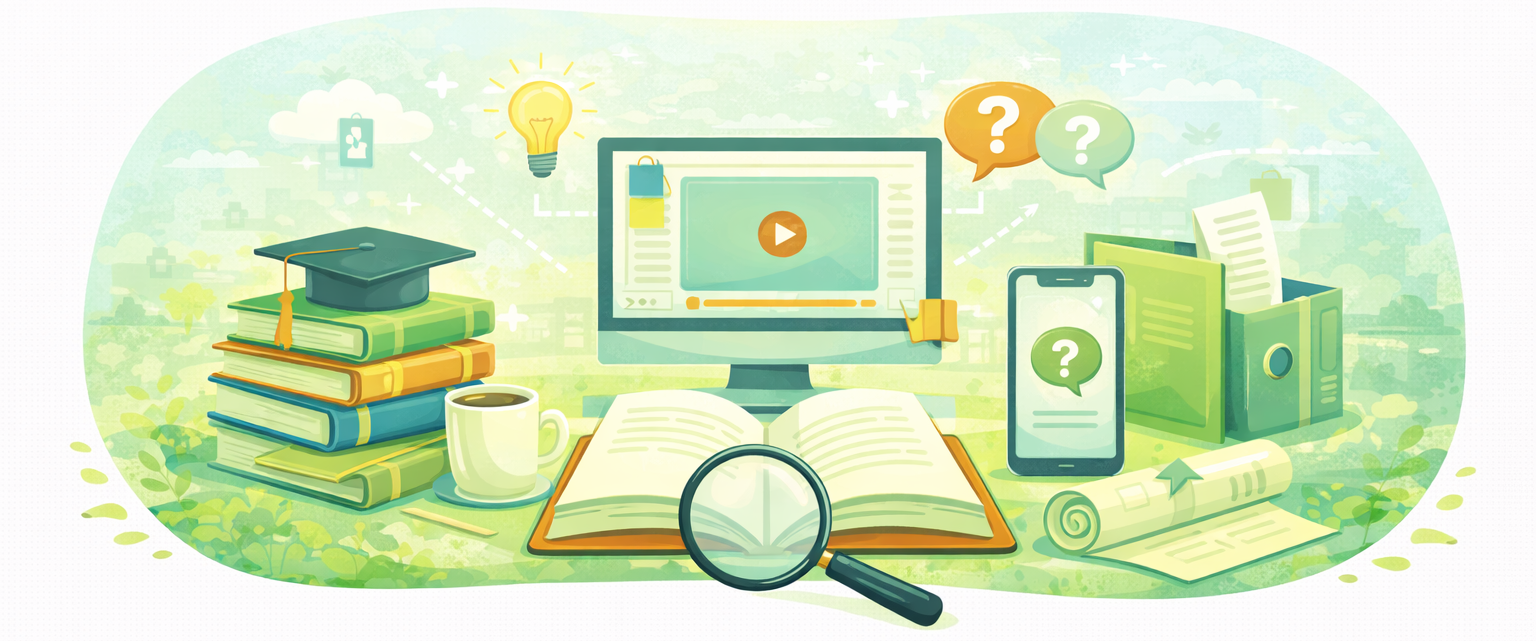 Resources illustration showing books, digital tools, and icons representing information, learning, and support services.