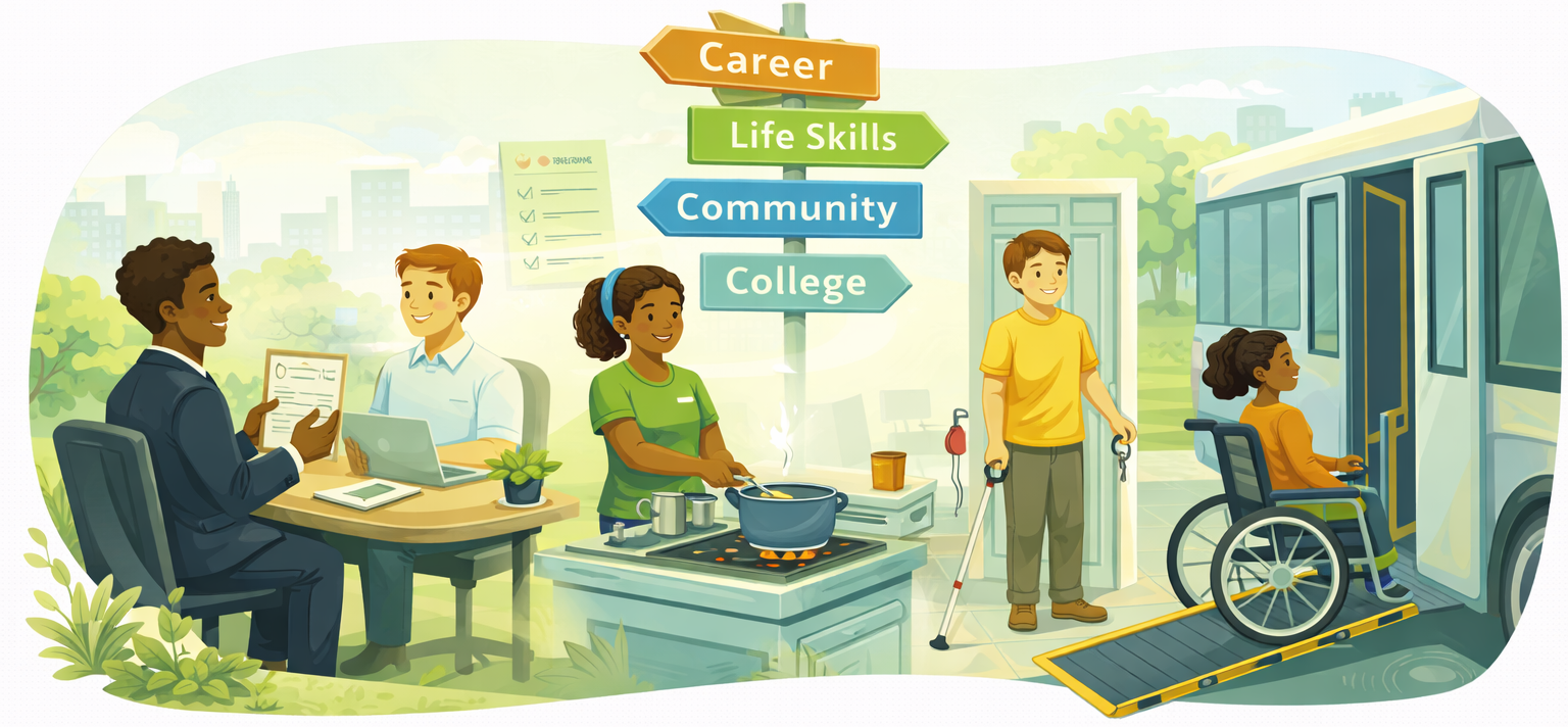 Transition resources illustration showing diverse individuals developing life skills, preparing for careers, and accessing community support in an inclusive environment.