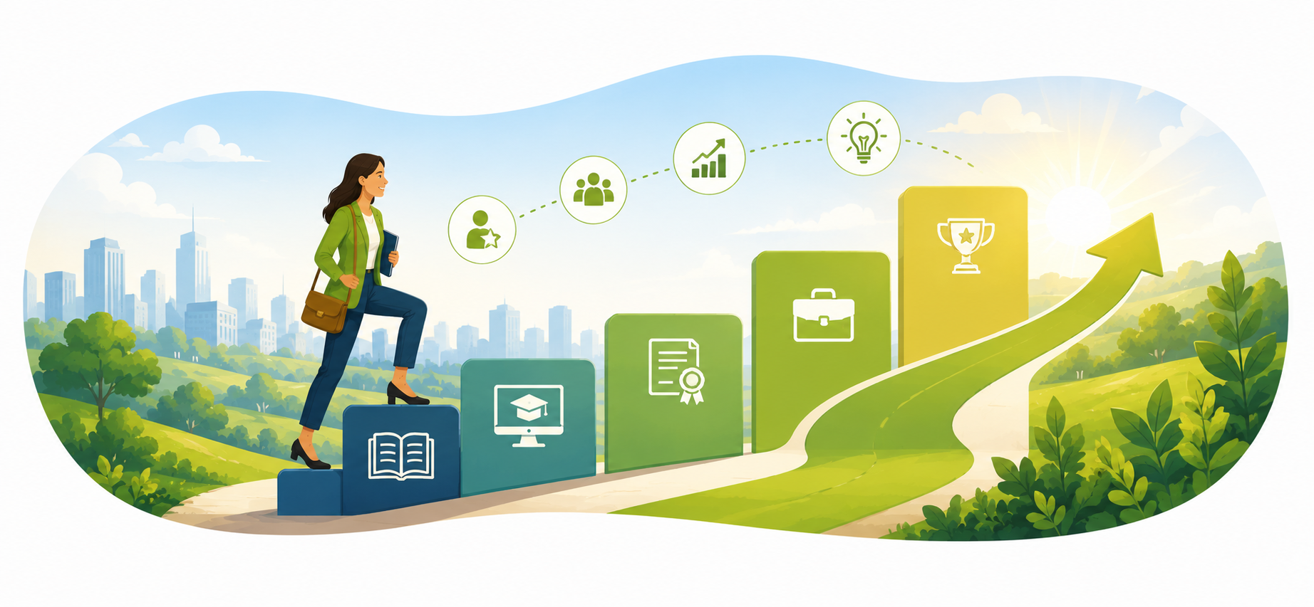 Advancing your career illustration showing a professional progressing through education, training, certifications, and career milestones toward long-term success.